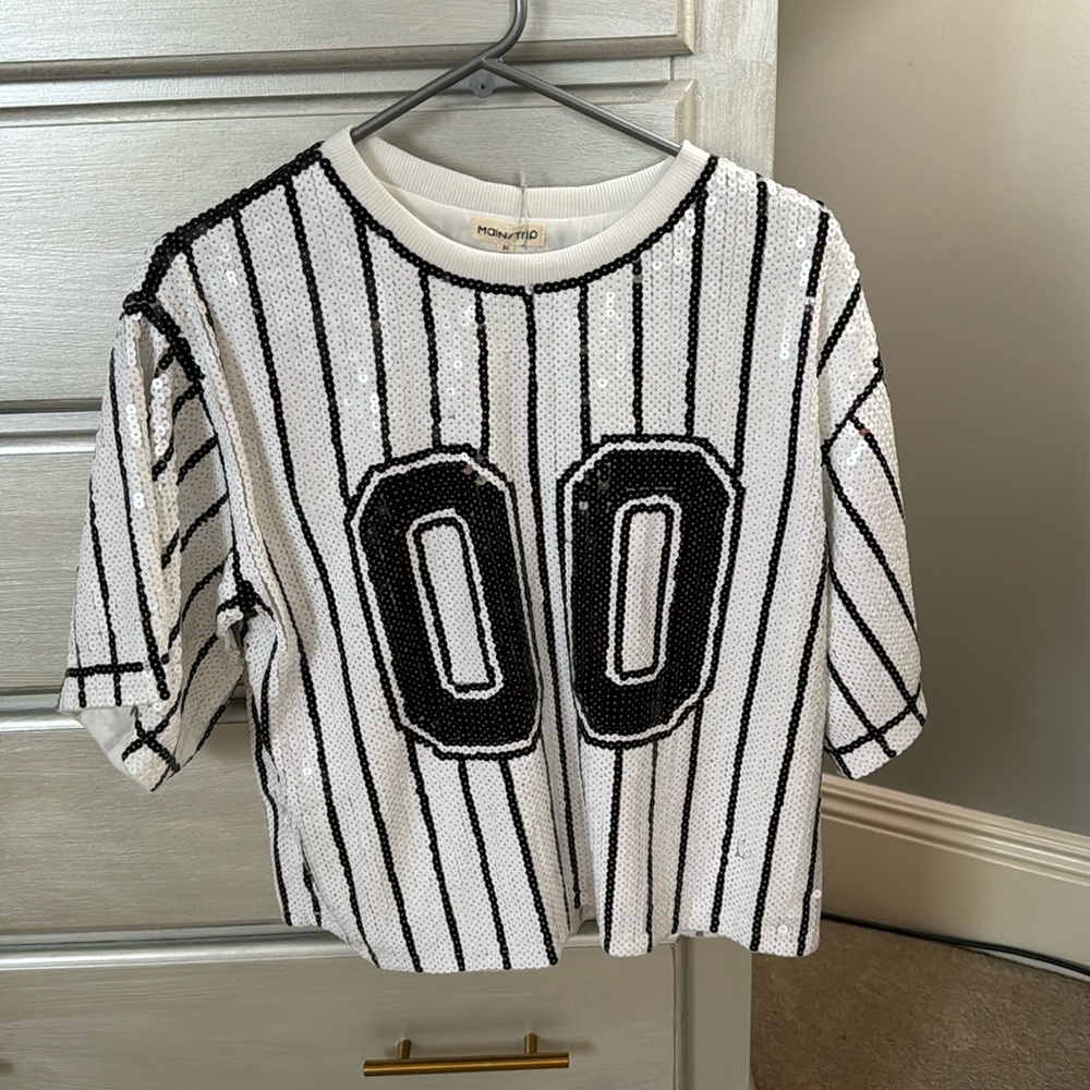 NWT Sequin short sleeve referee jersey shirt Medium Black White Stripes